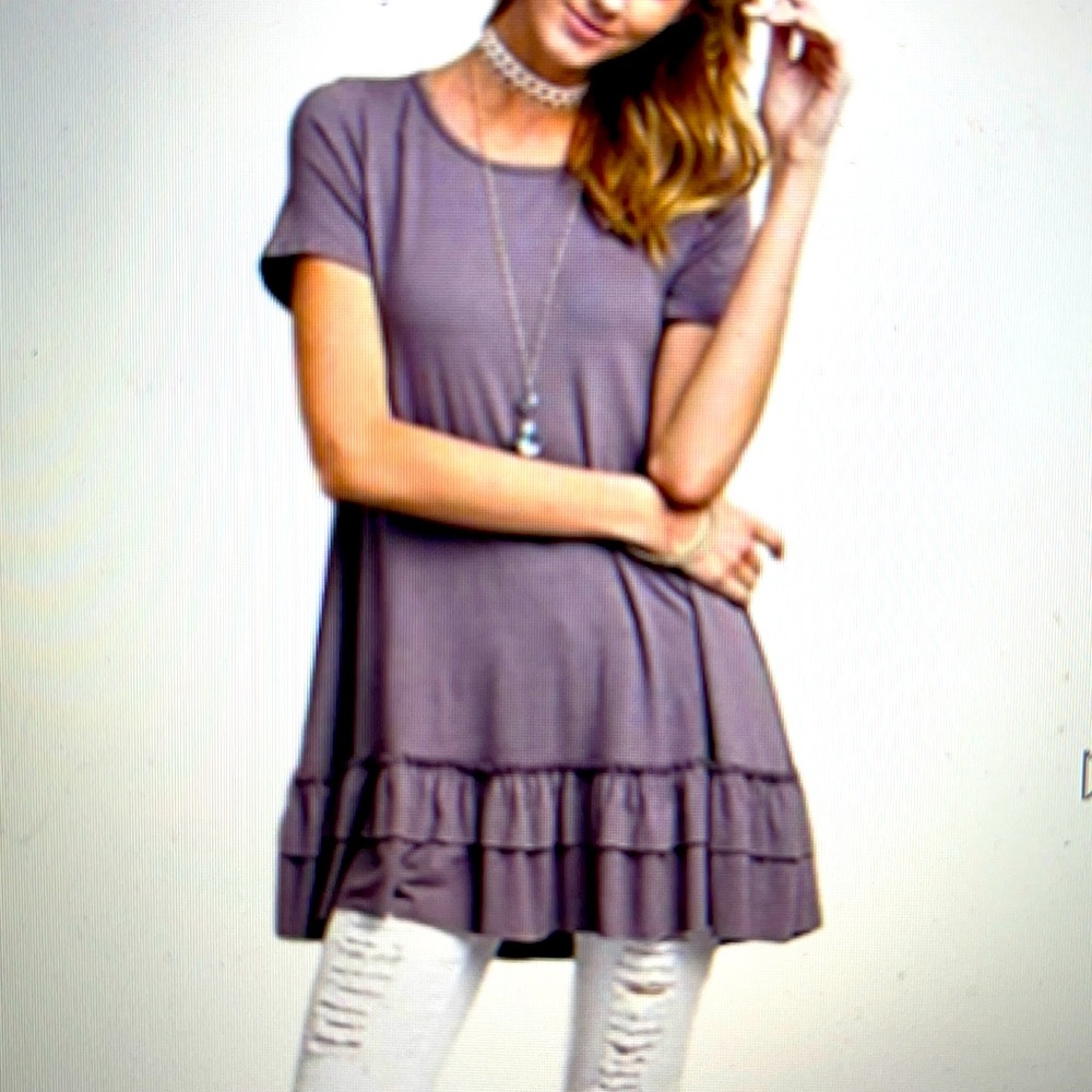 Easel Wonens Tunic Top Ruffle Trim New Short Sleeve Purple Taupe